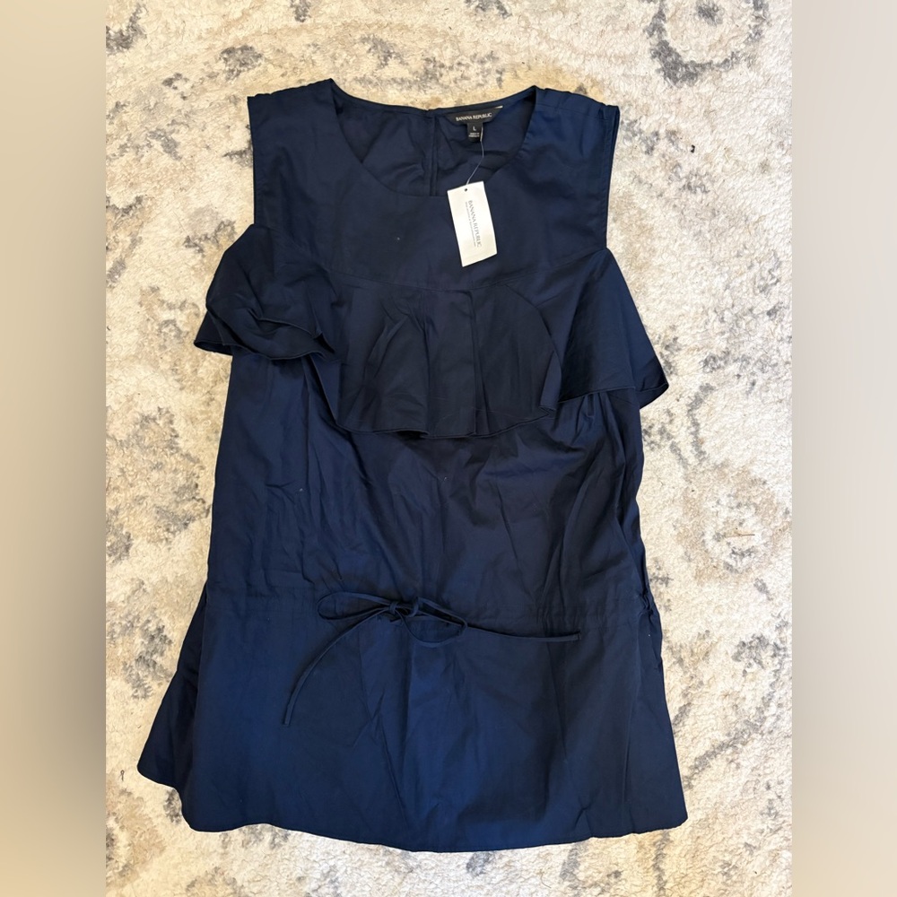 NWT Banana Republic Ruffle Elegant Navy Blue Women's Tank Top Size L